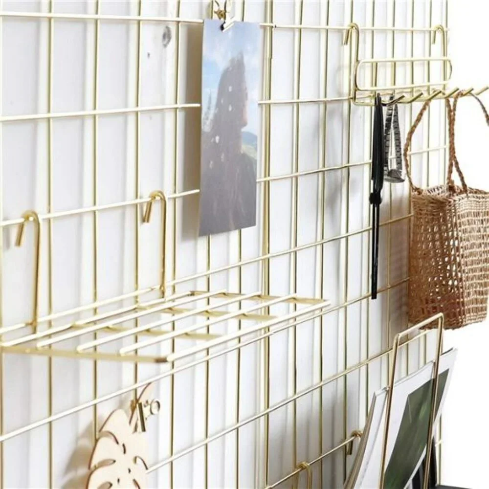 Gold Wall Grid Panel Set Photo Display Organizer with Hooks Clips 2 Pack